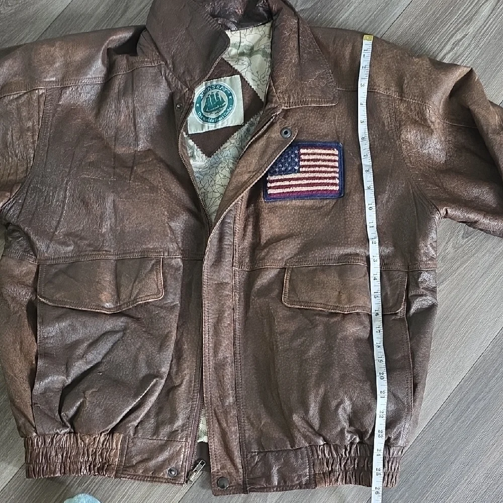 Men's Distressed Brown Leather Bomber Jacket with Flag Patch - Picture 1 of 13